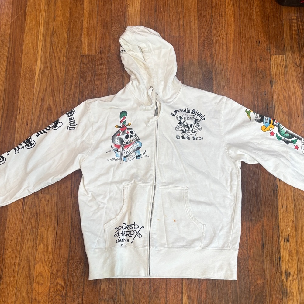 White Zip-Up Men's Sweater with Graphic Design